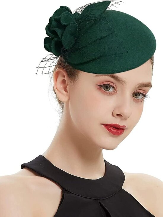 Women\'s Church Wedding Winter Vintage Fascinator Beret Wool Felt Veil Hat Green